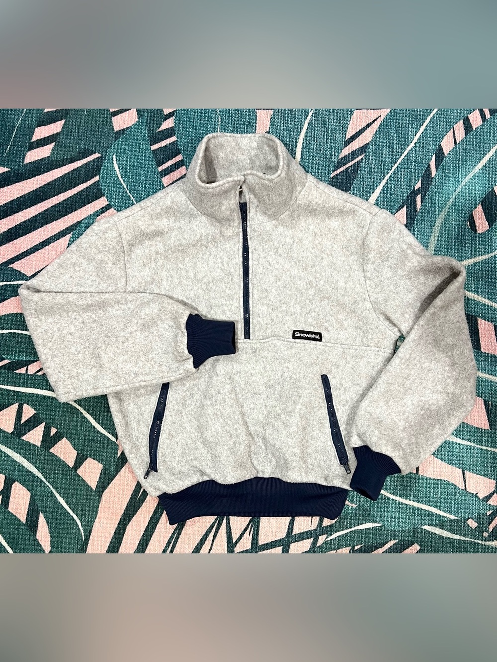 Vintage Snowbird Fleece Half Zip Mock Neck Pullover w Kangaroo Pouch